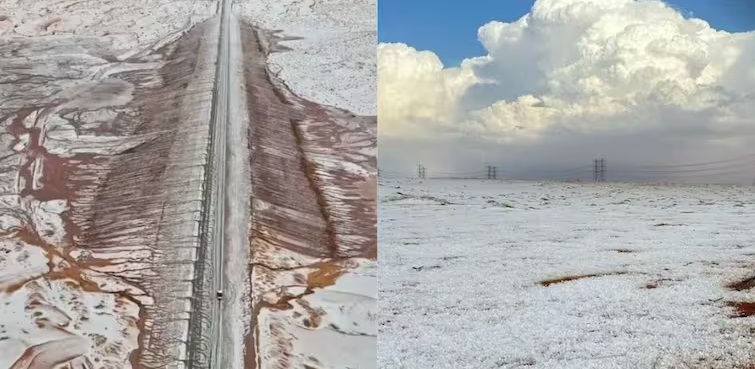 snow cover and clouds moving in the sky in al-jawf desert of saudi arabia.